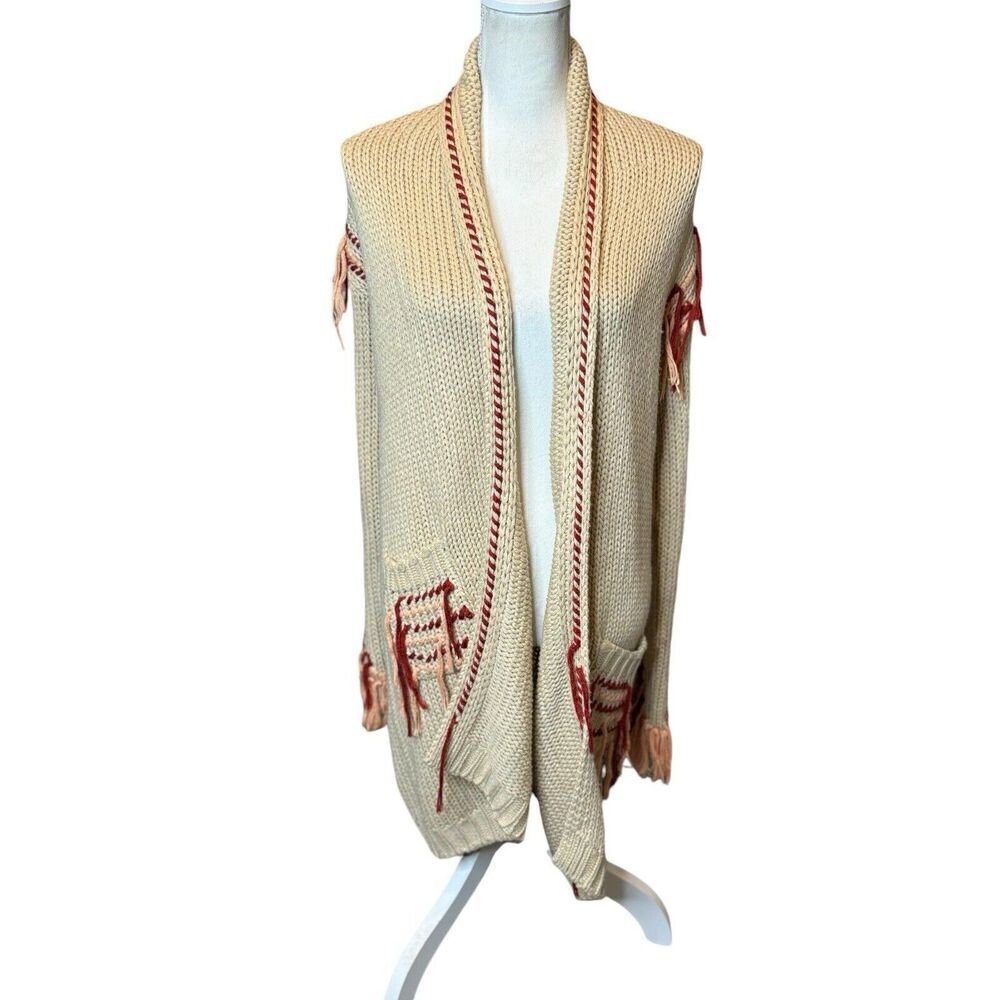 For Love And Lemons Knit Cardigan Open Boho Fringe Retro Long Embroidered M
